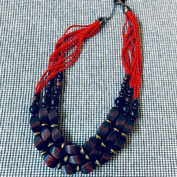 Boho Red Coral Wood Beaded Necklace - Picture 1 of 4